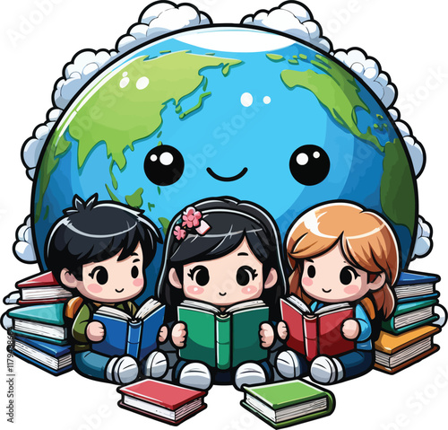 Line Art Illustration of Kids Reading for World Book Day