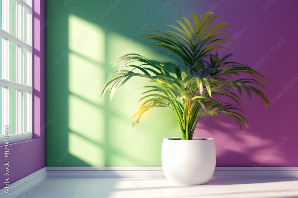 Sunlit Palm Plant in Modern Room Corner Sunlit Palm Plant in Modern Room Corner