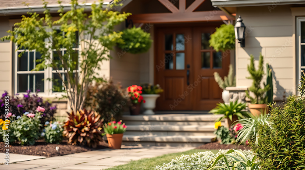 Naklejka premium House Entrance with Landscaping and Brown Double Door