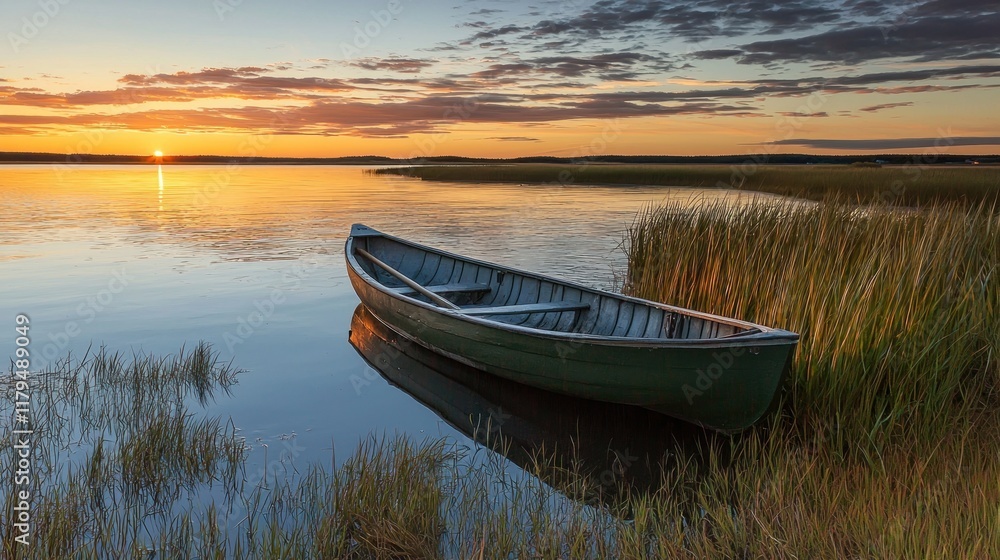 Serene Sunset: A Lone Boat at Dawn Serene Sunset: A Lone Boat at Dawn