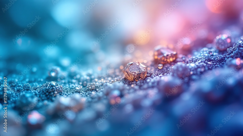 Vibrant droplets of water on a colorful, textured surface reflecting light. Vibrant droplets of water on a colorful, textured surface reflecting light.