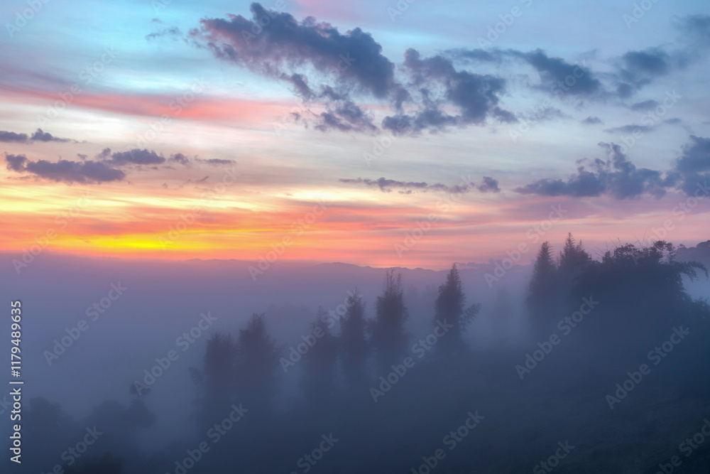 Fototapeta premium Misty autumn sunny sunrise in mountains. rural scenery with colorful sky light. countryside landscape rolling in to the distant valley full of fog