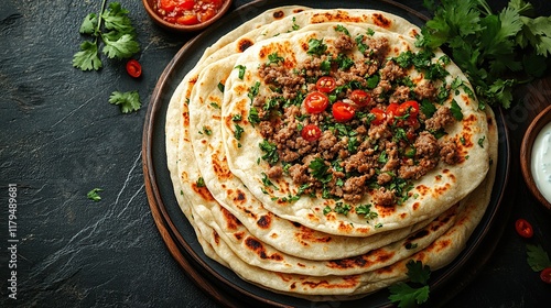 Wallpaper Mural Stack of flatbreads topped with seasoned ground meat, cilantro, and chili peppers. Torontodigital.ca