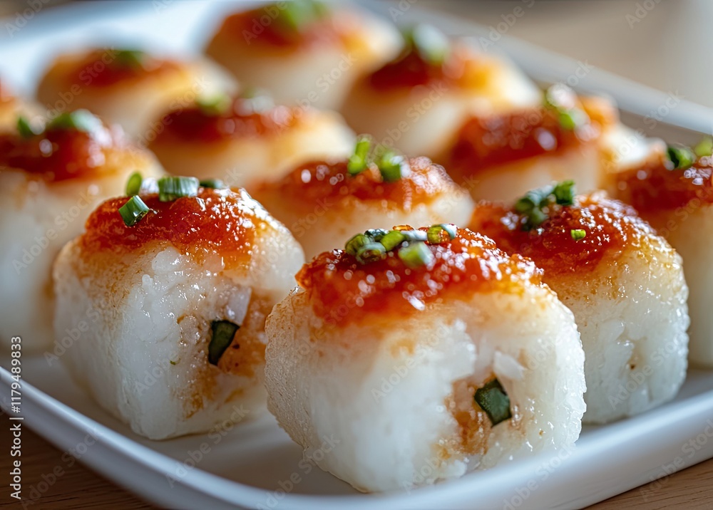 Sushi rice buns with deep-fried cheese and tomato sauce, presented on a white dish. Sushi rice buns with deep-fried cheese and tomato sauce, presented on a white dish.