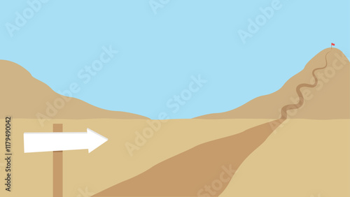 A blank directional sign points toward a winding path leading up a mountain with a red flag at the summit, symbolizing goals, journey, and achievement.