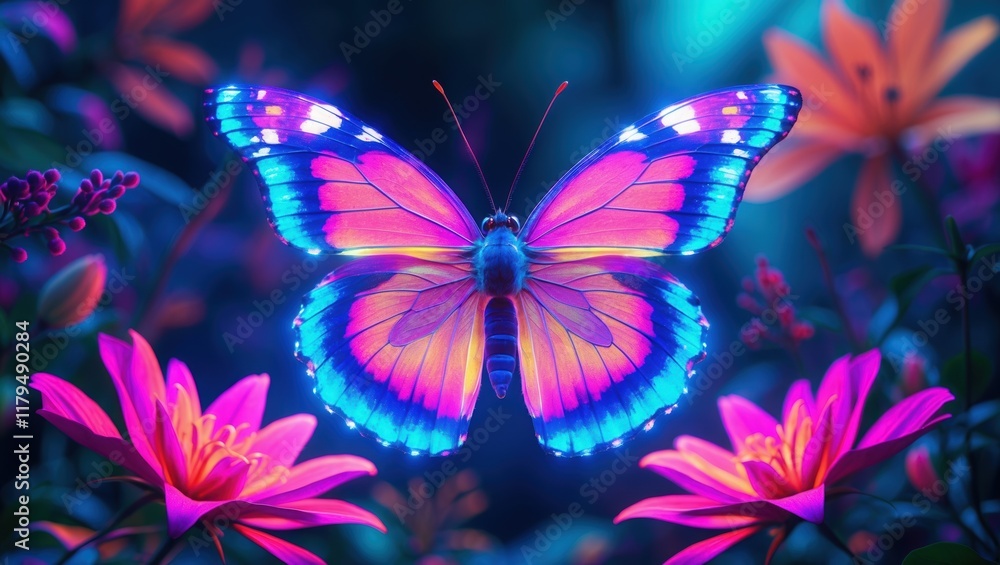 Vibrant Butterfly in Lush Garden with Colorful Flowers Vibrant Butterfly in Lush Garden with Colorful Flowers