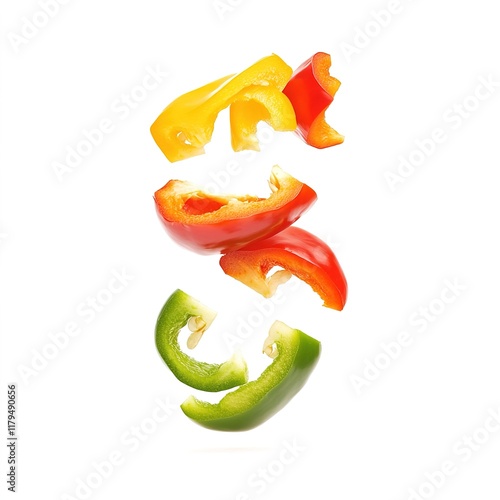  Sliced Bell Peppers Falling Down – Fresh, Colorful Vegetables, Dynamic Motion, Healthy, Natural Food, Isolated on White Background