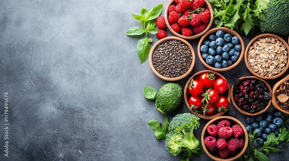 Overhead shot of various healthy foods in bowls, including berries, chia seeds, broccoli, and tomatoes, arranged on a dark gray surface. Overhead shot of various healthy foods in bowls, including berries, chia seeds, broccoli, and tomatoes, arranged on a dark gray surface.