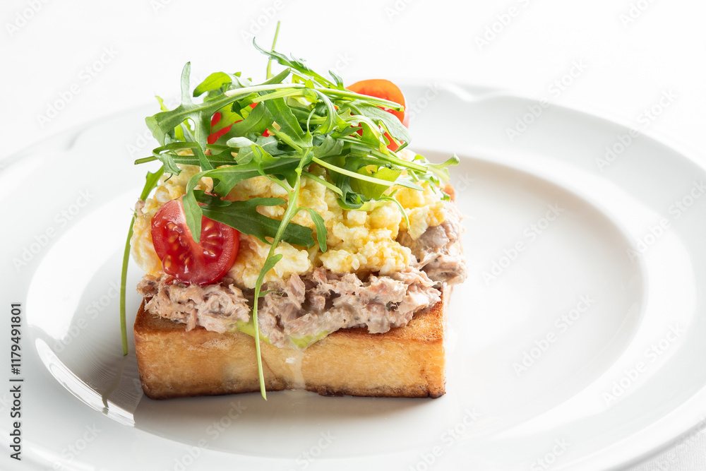 A delicious open-faced sandwich with a toasted slice of bread topped with creamy tuna salad, fresh cherry tomatoes, and a sprinkle of arugula. Perfect for a light meal or snack. A delicious open-faced sandwich with a toasted slice of bread topped with creamy tuna salad, fresh cherry tomatoes, and a sprinkle of arugula. Perfect for a light meal or snack.