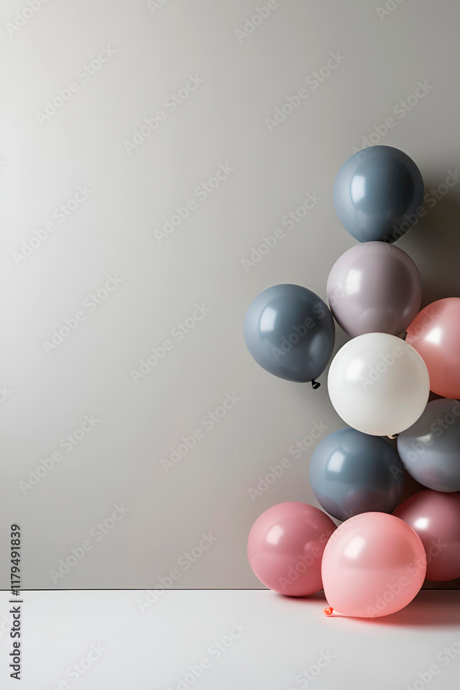 On a gray background there are gray, pink and white balloons.