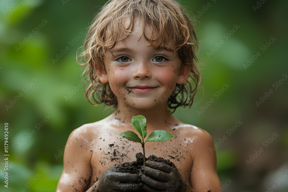 A Happy Child Planting a Seedling, Covered in Mud, in a Lush Green Natural Environment A Happy Child Planting a Seedling, Covered in Mud, in a Lush Green Natural Environment