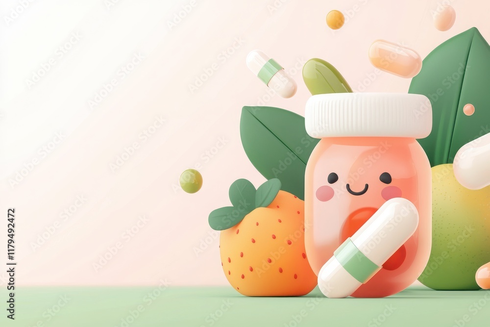 Naklejka premium Cheerful fruits and happy dna strands in a health jar vibrant setting 3d illustration playful concept