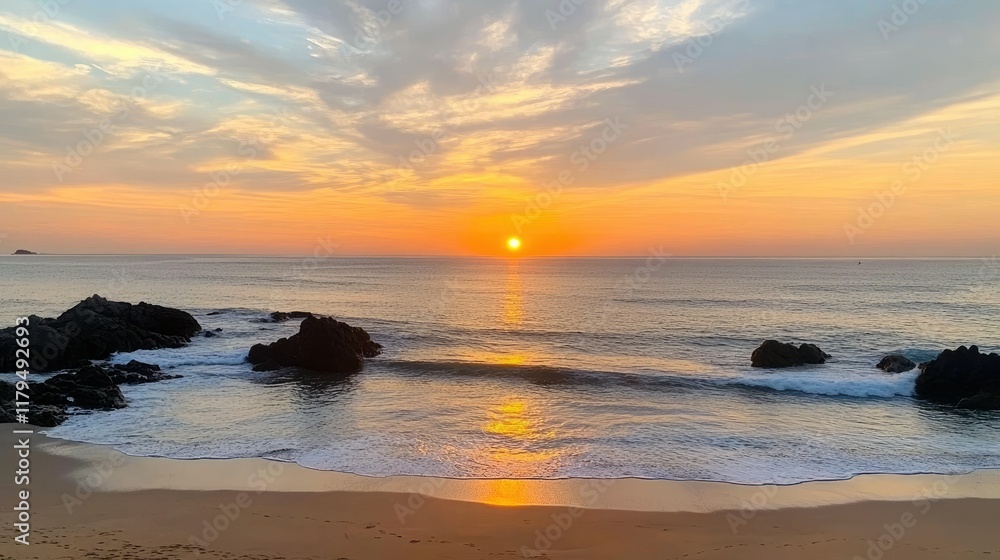 Obraz premium Vibrant colors light up the beach as the sun rises, casting reflections on the water and illuminating the rocks in the foreground