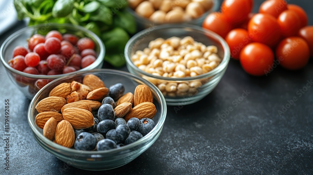 Close-up of bowls with various healthy ingredients almonds, blueberries, red grapes, pine nuts, corn, cherry tomatoes and lamb's lettuce. Close-up of bowls with various healthy ingredients almonds, blueberries, red grapes, pine nuts, corn, cherry tomatoes and lamb's lettuce.