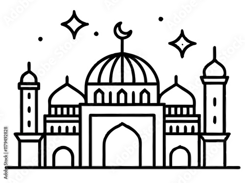 Minimalist mosque illustration, geometric shapes, domes and minarets, crescent moon, star, circular design elements, black and white line art, Islamic architecture, symmetrical composition, simplified