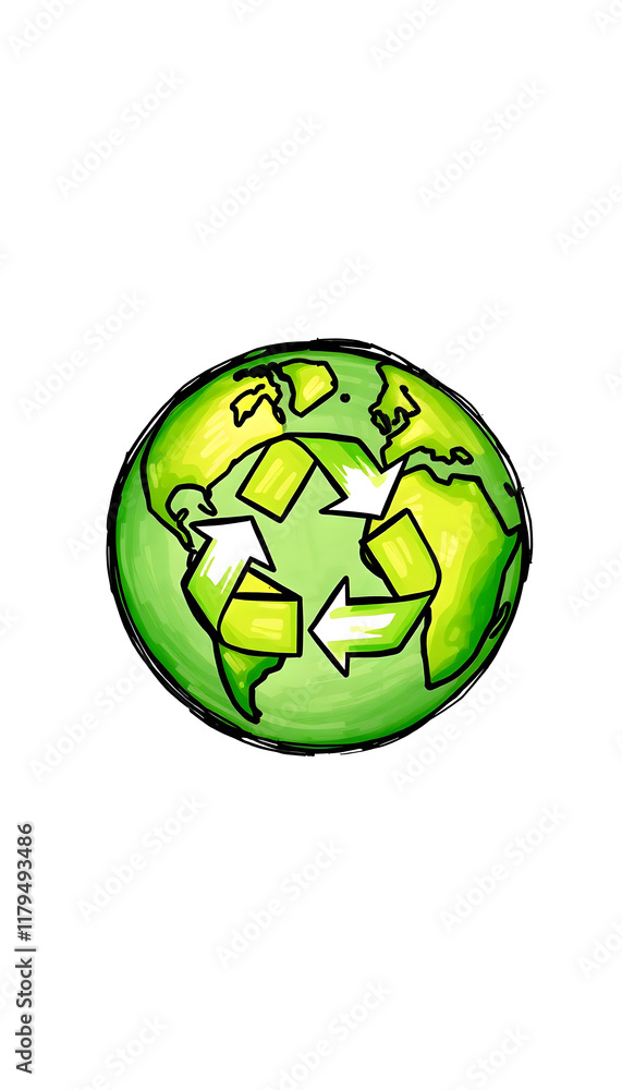 Fototapeta premium Green planet Earth with recycling symbol., color sketch, with white tones