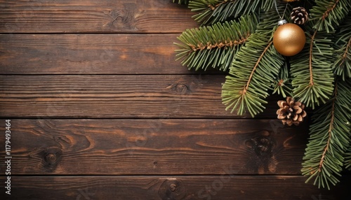 Christmas New Year decoration composition. Top view of fur-tree branches and balls frame on wooden background