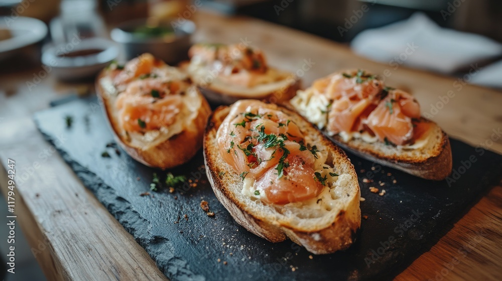 Close-up shot of soft cheese and salmon-topped baguette slices arranged on a slate board, vintage feel with generous copy space. Close-up shot of soft cheese and salmon-topped baguette slices arranged on a slate board, vintage feel with generous copy space.