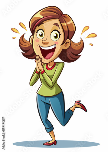 Mujer emocionada aplaudiendo con los ojos muy abiertos y expresión alegre, celebrando el éxito con felicidad y entusiasmo.