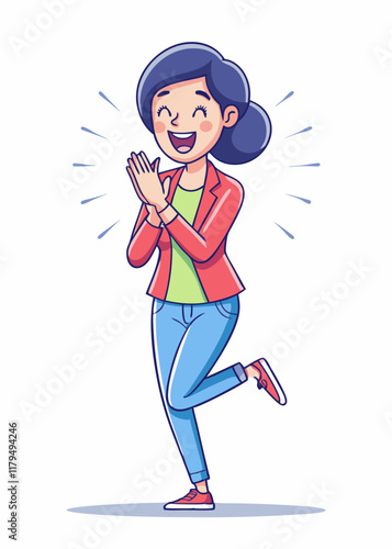 Mujer emocionada aplaudiendo con los ojos muy abiertos y expresión alegre, celebrando el éxito con felicidad y entusiasmo.