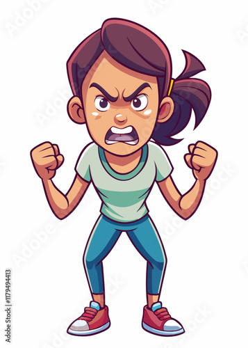 Mujer enojada con los puños cerrados y el ceño fruncido, mujer frustrada apretando los dientes en un arrebato emocional, ilustración vectorial de ira y expresión de estrés.