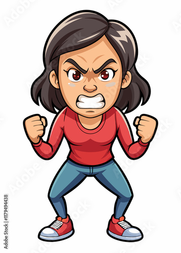 Mujer enojada con los puños cerrados y el ceño fruncido, mujer frustrada apretando los dientes en un arrebato emocional, ilustración vectorial de ira y expresión de estrés.