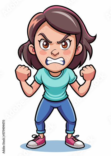 Mujer enojada con los puños cerrados y el ceño fruncido, mujer frustrada apretando los dientes en un arrebato emocional, ilustración vectorial de ira y expresión de estrés.