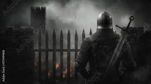 Stalwart soldier guarding a gate, embodiment of courage, 3D illustration