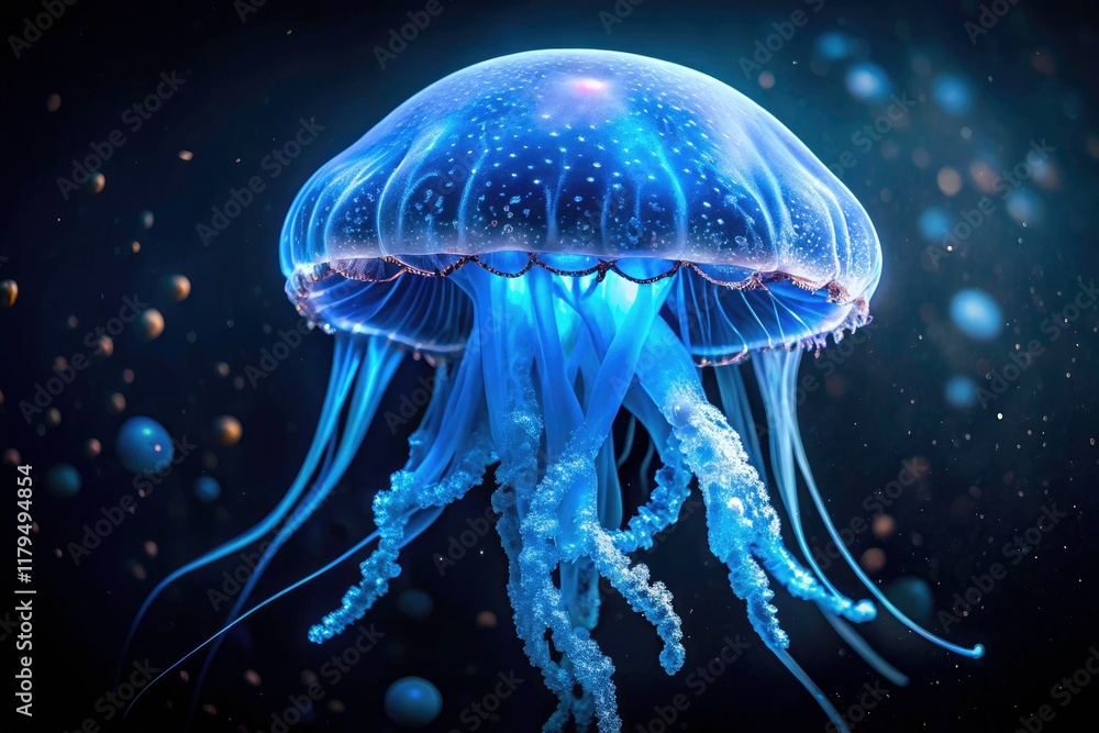 Naklejka premium A blue jellyfish's ethereal glow captivates in a low-light night dive.