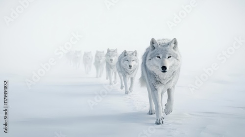 Wolf leading pack through snowstorm, resilience and leadership, 3D illustration