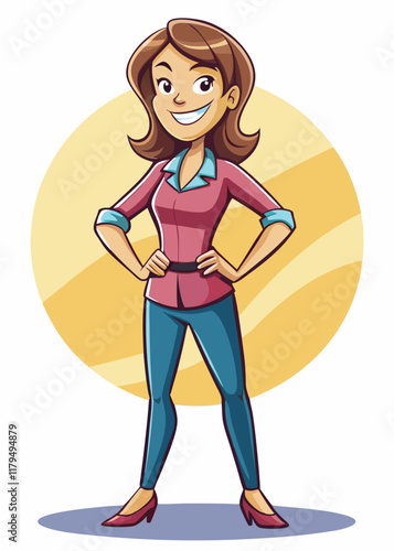 Mujer empoderada de pie con las manos en las caderas, expresión segura, figura femenina audaz e independiente, ilustración vectorial.