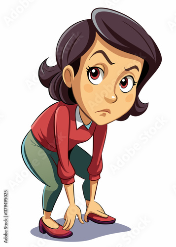 Mujer enfocada inclinándose hacia adelante, tocándose las piernas con mirada intensa y postura fuerte, ilustración vectorial de un personaje femenino confiado que muestra determinación.