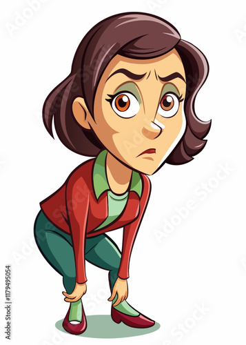 Mujer enfocada inclinándose hacia adelante, tocándose las piernas con mirada intensa y postura fuerte, ilustración vectorial de un personaje femenino confiado que muestra determinación.