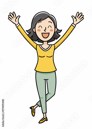 Mujer feliz levantando las manos en el aire con los ojos cerrados, sonriendo de alegría. Mujer emocionada celebrando logros, mostrando deleite, expresando satisfacción.