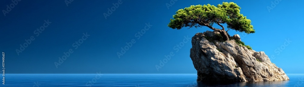 Solitude on the Cliff: A solitary tree stands tall on a rocky outcrop amidst a vast expanse of azure blue ocean. The image evokes a sense of peace, resilience, and the beauty of nature's solitude. Solitude on the Cliff: A solitary tree stands tall on a rocky outcrop amidst a vast expanse of azure blue ocean. The image evokes a sense of peace, resilience, and the beauty of nature's solitude.