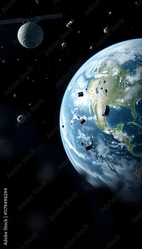 Naklejka premium Space junk (pollution) orbiting earth, blurry foreground, with white tones