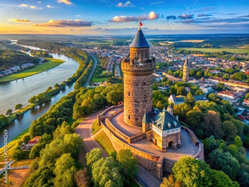 Aerial drone photography showcases the Nibelungenturm's majesty, overlooking the Rhine in Worms, Germany. photo