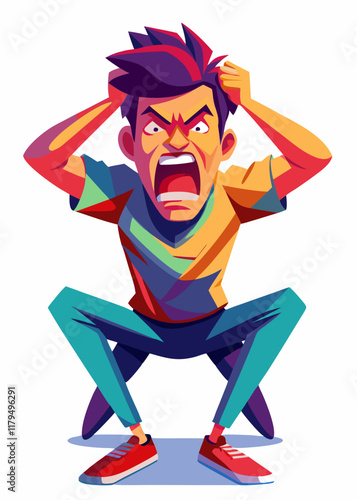 Hombre frustrado apretando los dientes con las manos en la cabeza, hombre estresado sintiendo presión y ansiedad, ilustración vectorial.