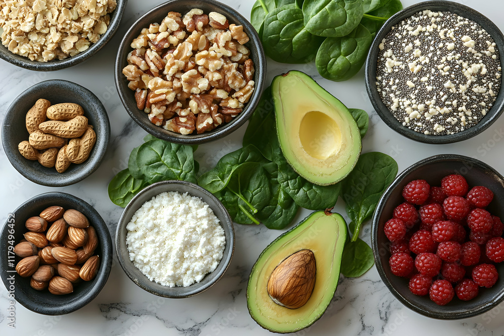 Assortment of Healthy Foods: Almonds, Walnuts, Pecans, Chia Seeds, Spinach, Raspberries, Cottage Cheese, Oatmeal, and Avocado Assortment of Healthy Foods: Almonds, Walnuts, Pecans, Chia Seeds, Spinach, Raspberries, Cottage Cheese, Oatmeal, and Avocado