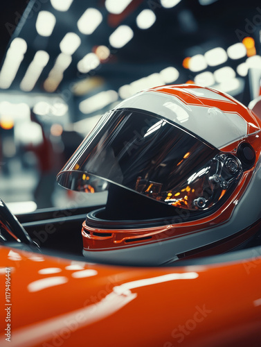 A close-up shot of the helmet of a racer man driver inside the cockpit photo