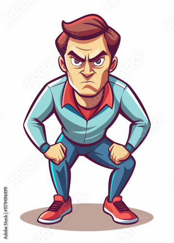 Hombre enfocado inclinándose hacia adelante con mirada intensa, obra de arte vectorial de un individuo decidido listo para la acción.