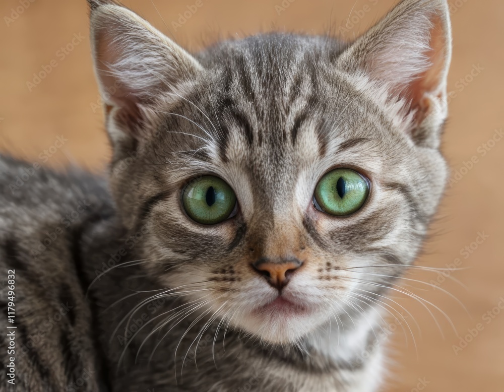 Adorable Gray Tabby Kitten with Striking Green Eyes Close Up Portrait Adorable Gray Tabby Kitten with Striking Green Eyes Close Up Portrait
