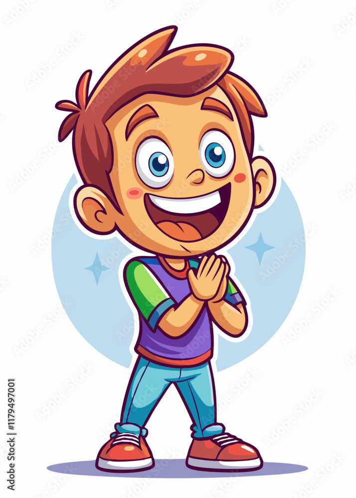 Excited kid clapping hands with bright eyes and big smile. Happy child expressing joy and excitement in colorful vector illustration. Excited kid clapping hands with bright eyes and big smile. Happy child expressing joy and excitement in colorful vector illustration.