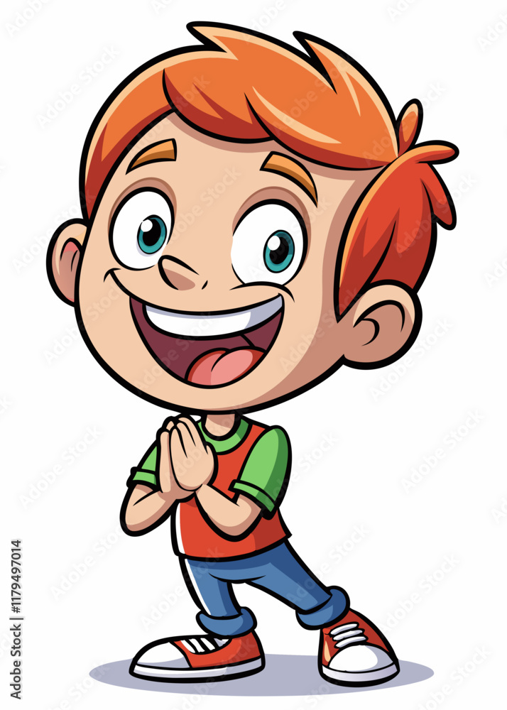 Excited kid clapping hands with bright eyes and big smile. Happy child expressing joy and excitement in colorful vector illustration. Excited kid clapping hands with bright eyes and big smile. Happy child expressing joy and excitement in colorful vector illustration.