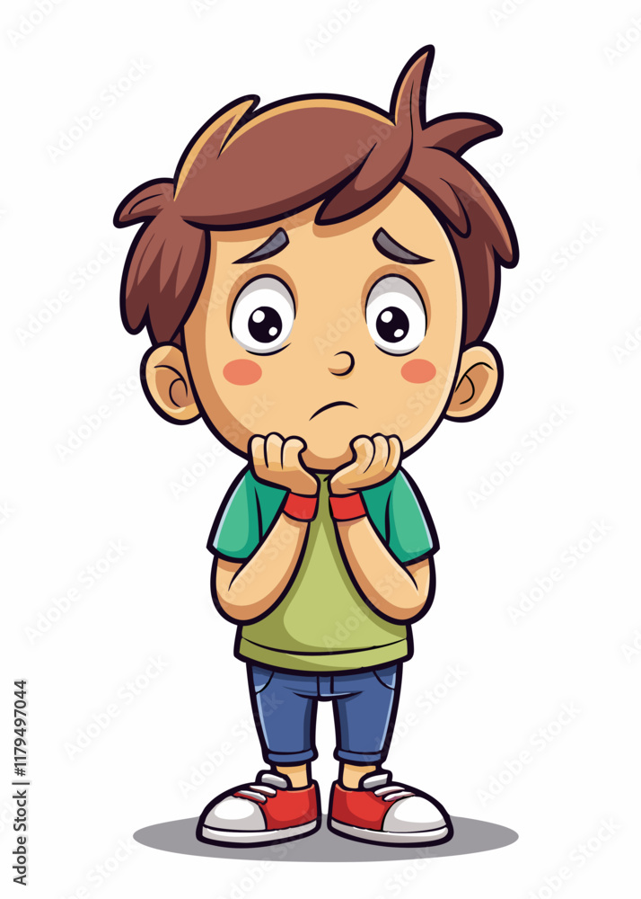 Worried kid facial expression, anxious child cartoon face, sad young boy with nervous look, stressed little kid isolated on white background, vector illustration. Worried kid facial expression, anxious child cartoon face, sad young boy with nervous look, stressed little kid isolated on white background, vector illustration.