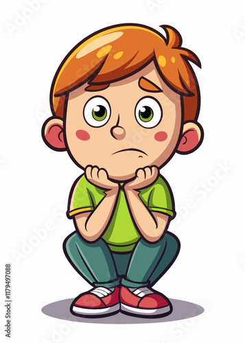 Worried kid facial expression, anxious child cartoon face, sad young boy with nervous look, stressed little kid isolated on white background, vector illustration.