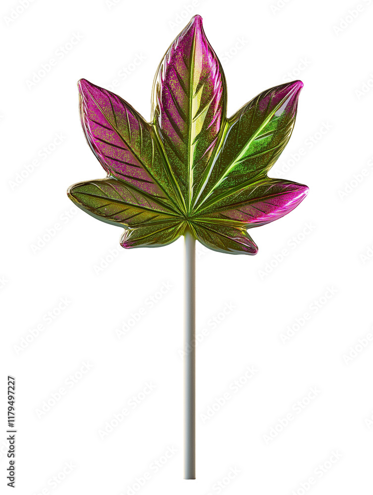 Cannabis Leaf Lollipop with Pink Details and Glitter. Green Edible Treat. Isolated on Transparent Background. PNG.