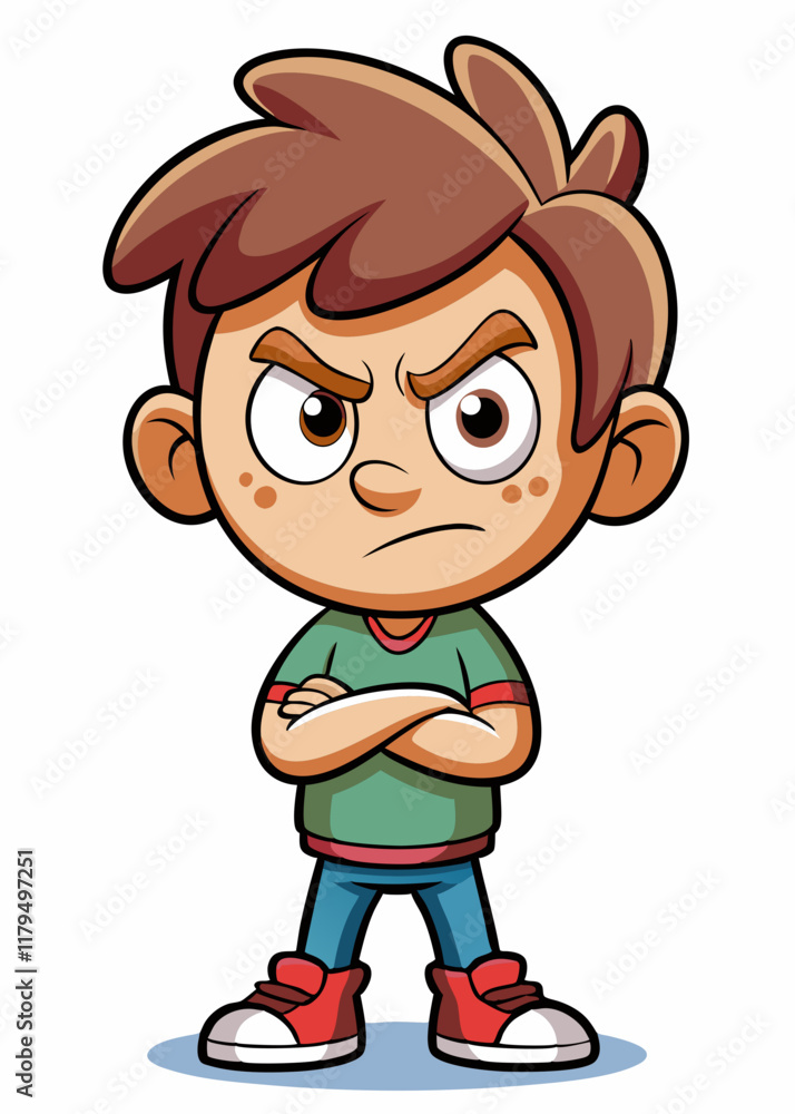 Angry child with crossed arms and furrowed brows, expressing frustration, Annoyed toddler showing displeasure in cartoon vector illustration. Angry child with crossed arms and furrowed brows, expressing frustration, Annoyed toddler showing displeasure in cartoon vector illustration.