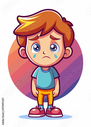 Sad kid with tear rolling down cheek, emotional facial expression, unhappy child vector illustration. Depressed young boy crying, sorrowful face, grief-stricken child cartoon character.
