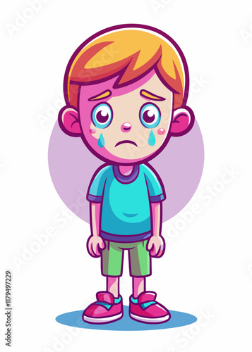 Sad kid with tear rolling down cheek, emotional facial expression, unhappy child vector illustration. Depressed young boy crying, sorrowful face, grief-stricken child cartoon character.